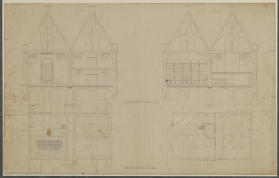 216673 Plattegronden en doorsneden van de kelders en de begane grond van het Leeuwenburggasthuis (Schalkwijksteeg) te ...